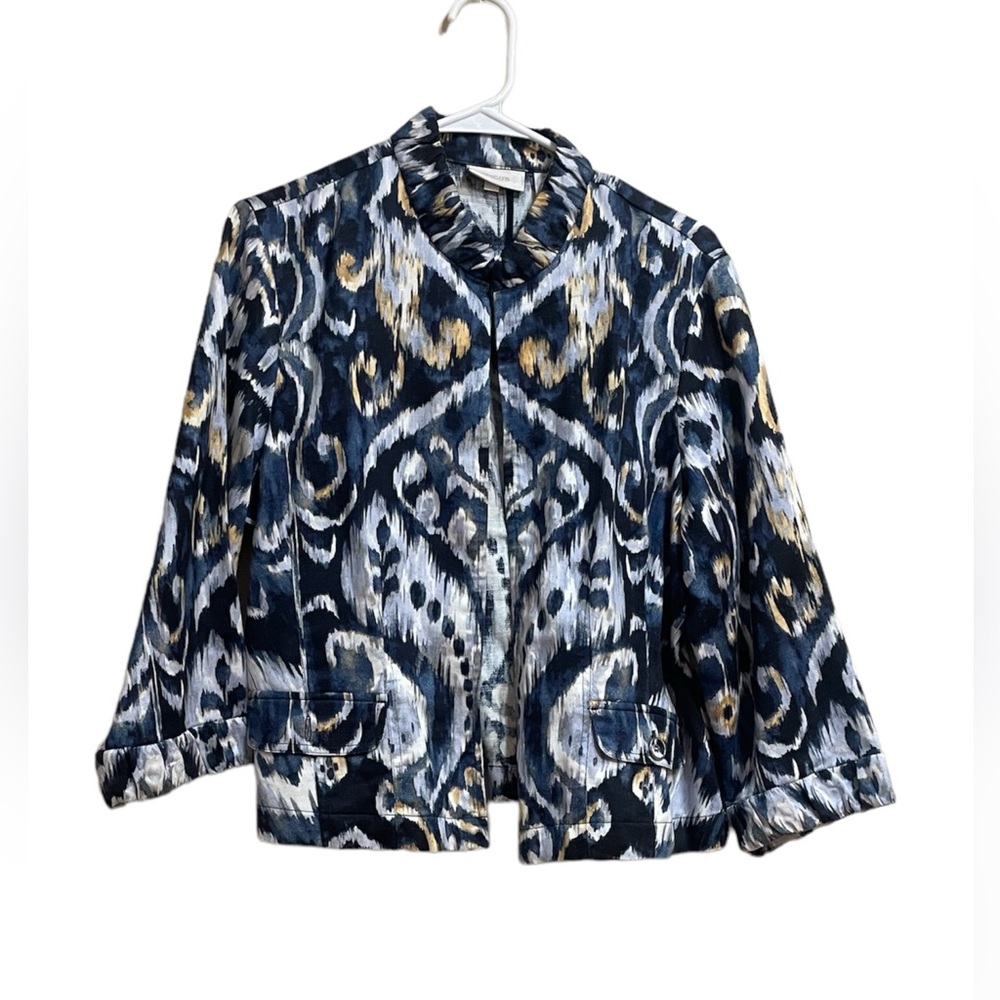 Chicos Abstract Art Linen Blend Open Front Shacket Half sleeve Size 2 US Med.
